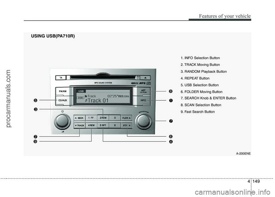 HYUNDAI VERACRUZ 2011 Owners Manual 4149
Features of your vehicle
A-200ENE
1. INFO Selection Button
2. TRACK Moving Button
3. RANDOM Playback Button
4. REPEAT Button
5. USB Selection Button
6. FOLDER Moving Button
7. SEARCH Knob & ENT HYUNDAI VERACRUZ 2011 Owners Manual 4149
Features of your vehicle
A-200ENE
1. INFO Selection Button
2. TRACK Moving Button
3. RANDOM Playback Button
4. REPEAT Button
5. USB Selection Button
6. FOLDER Moving Button
7. SEARCH Knob & ENT