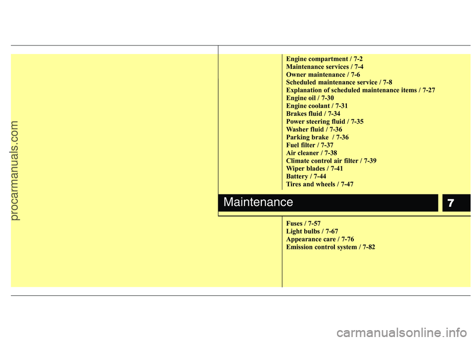 HYUNDAI VERACRUZ 2011  Owners Manual 7
Engine compartment / 7-2 
Maintenance services / 7-4
Owner maintenance / 7-6
Scheduled maintenance service / 7-8
Explanation of scheduled maintenance items / 7-27
Engine oil / 7-30
Engine coolant / 