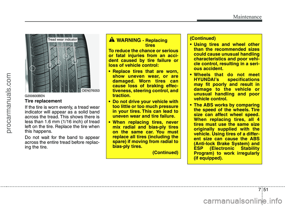 HYUNDAI VERACRUZ 2011 Owners Manual 751
Maintenance
G200600BEN Tire replacement
If the tire is worn evenly, a tread wear indicator will appear as a solid band
across the tread. This shows there isless than 1.6 mm (1/16 inch) of tread
l HYUNDAI VERACRUZ 2011 Owners Manual 751
Maintenance
G200600BEN Tire replacement
If the tire is worn evenly, a tread wear indicator will appear as a solid band
across the tread. This shows there isless than 1.6 mm (1/16 inch) of tread
l