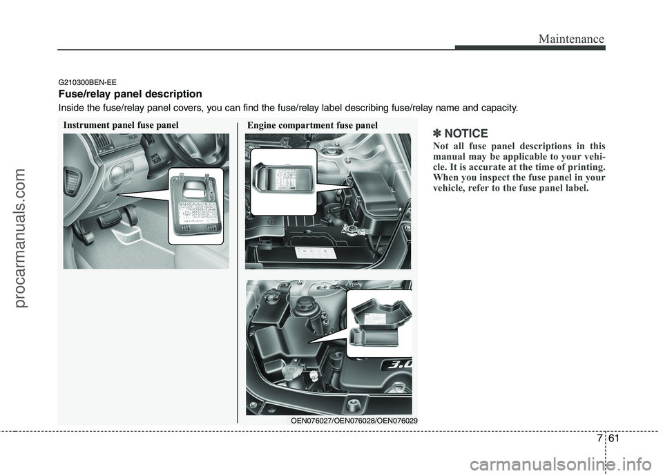HYUNDAI VERACRUZ 2011 Owners Manual 761
Maintenance
✽✽NOTICE
Not all fuse panel descriptions in this
manual may be applicable to your vehi-
cle. It is accurate at the time of printing.
When you inspect the fuse panel in your
vehicl HYUNDAI VERACRUZ 2011 Owners Manual 761
Maintenance
✽✽NOTICE
Not all fuse panel descriptions in this
manual may be applicable to your vehi-
cle. It is accurate at the time of printing.
When you inspect the fuse panel in your
vehicl