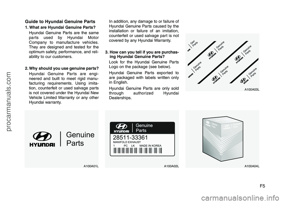 HYUNDAI VERACRUZ 2011 Owners Manual F5
Guide to Hyundai Genuine Parts
1. What are Hyundai Genuine Parts?
Hyundai Genuine Parts are the same
parts used by Hyundai Motor
Company to manufacture vehicles.
They are designed and tested for HYUNDAI VERACRUZ 2011 Owners Manual F5
Guide to Hyundai Genuine Parts
1. What are Hyundai Genuine Parts?
Hyundai Genuine Parts are the same
parts used by Hyundai Motor
Company to manufacture vehicles.
They are designed and tested for