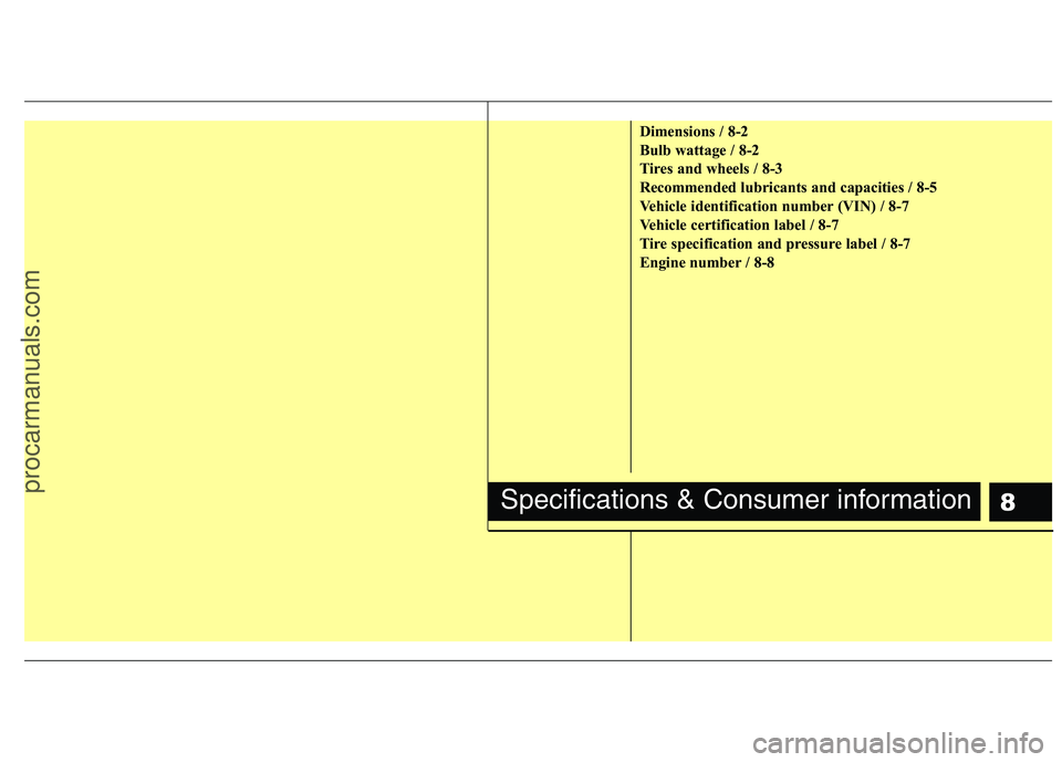 HYUNDAI VERACRUZ 2011 Owners Manual 8
Dimensions / 8-2
Bulb wattage / 8-2
Tires and wheels / 8-3
Recommended lubricants and capacities / 8-5
Vehicle identification number (VIN) / 8-7
Vehicle certification label / 8-7
Tire specification HYUNDAI VERACRUZ 2011 Owners Manual 8
Dimensions / 8-2
Bulb wattage / 8-2
Tires and wheels / 8-3
Recommended lubricants and capacities / 8-5
Vehicle identification number (VIN) / 8-7
Vehicle certification label / 8-7
Tire specification