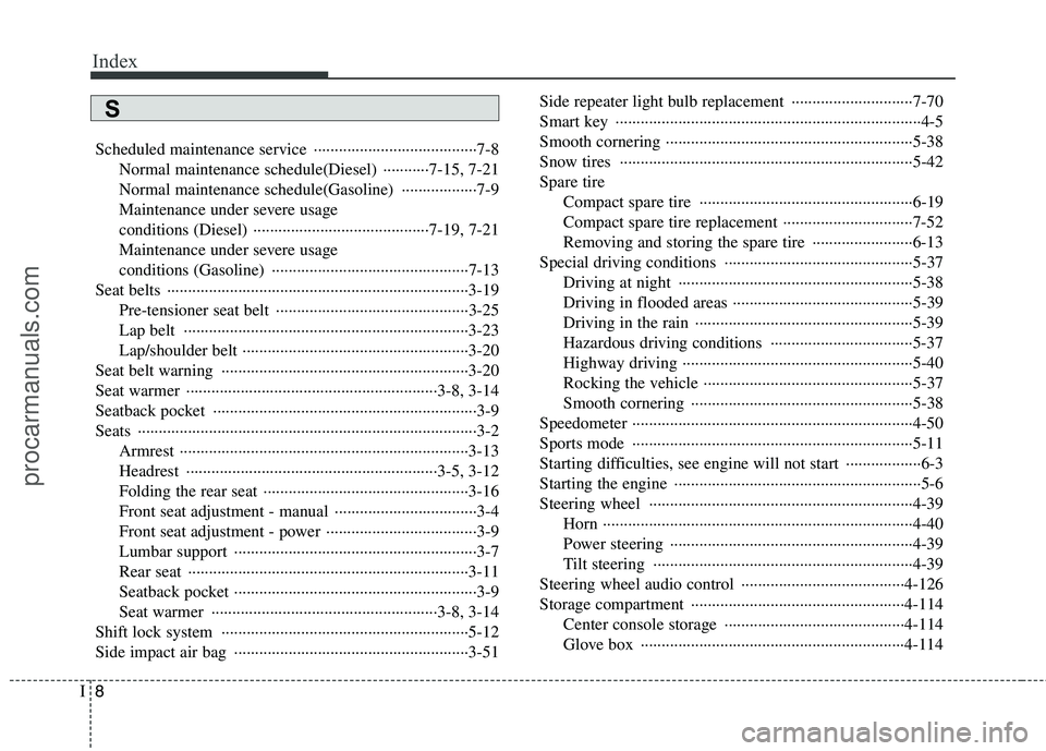 HYUNDAI VERACRUZ 2011 Owners Manual Index
8
I
Scheduled maintenance service ·······································7-8
Normal maintenance schedule(Diesel) ···········7-15, 7-21
Normal HYUNDAI VERACRUZ 2011 Owners Manual Index
8
I
Scheduled maintenance service ·······································7-8
Normal maintenance schedule(Diesel) ···········7-15, 7-21
Normal