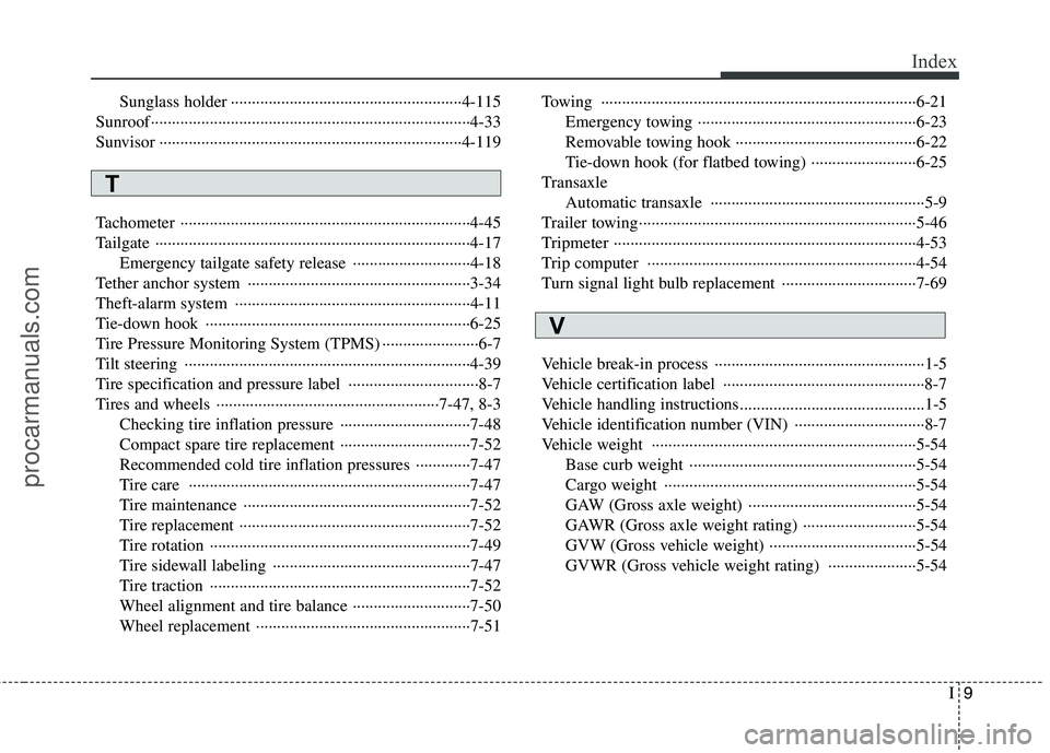 HYUNDAI VERACRUZ 2011 Owners Manual I9
Index
Sunglass holder ·······················································4-115
Sunroof·························· HYUNDAI VERACRUZ 2011 Owners Manual I9
Index
Sunglass holder ·······················································4-115
Sunroof··························