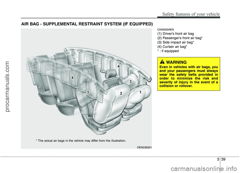 HYUNDAI VERACRUZ 2011 Workshop Manual 339
Safety features of your vehicle
C040000AEN 
(1) Driver’s front air bag
(2) Passenger’s front air bag*(3) Side impact air bag*
(4) Curtain air bag*
* : if equipped
AIR BAG - SUPPLEMENTAL RESTRA