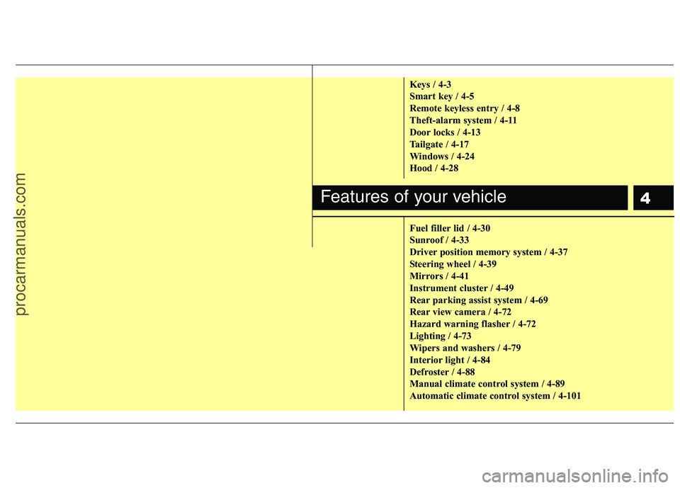 HYUNDAI VERACRUZ 2011  Owners Manual 4
Keys / 4-3 
Smart key / 4-5
Remote keyless entry / 4-8
Theft-alarm system / 4-11
Door locks / 4-13
Tailgate / 4-17
Windows / 4-24
Hood / 4-28 
Fuel filler lid / 4-30 
Sunroof / 4-33
Driver position 