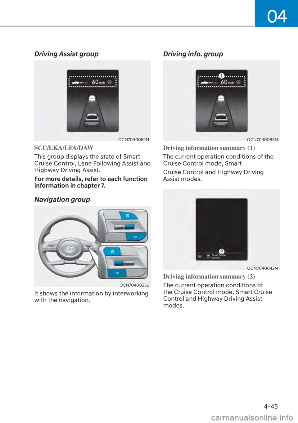 HYUNDAI ELANTRA HYBRID 2023  Owners Manual 04
4-45
Driving Assist group
OCN7040082N
SCC/LKA/LFA/DAW
This group displays the state of Smart 
Cruise Con
trol, Lane Following Assist and 
Highway Driving Assist.
For more details, refer to each fun
