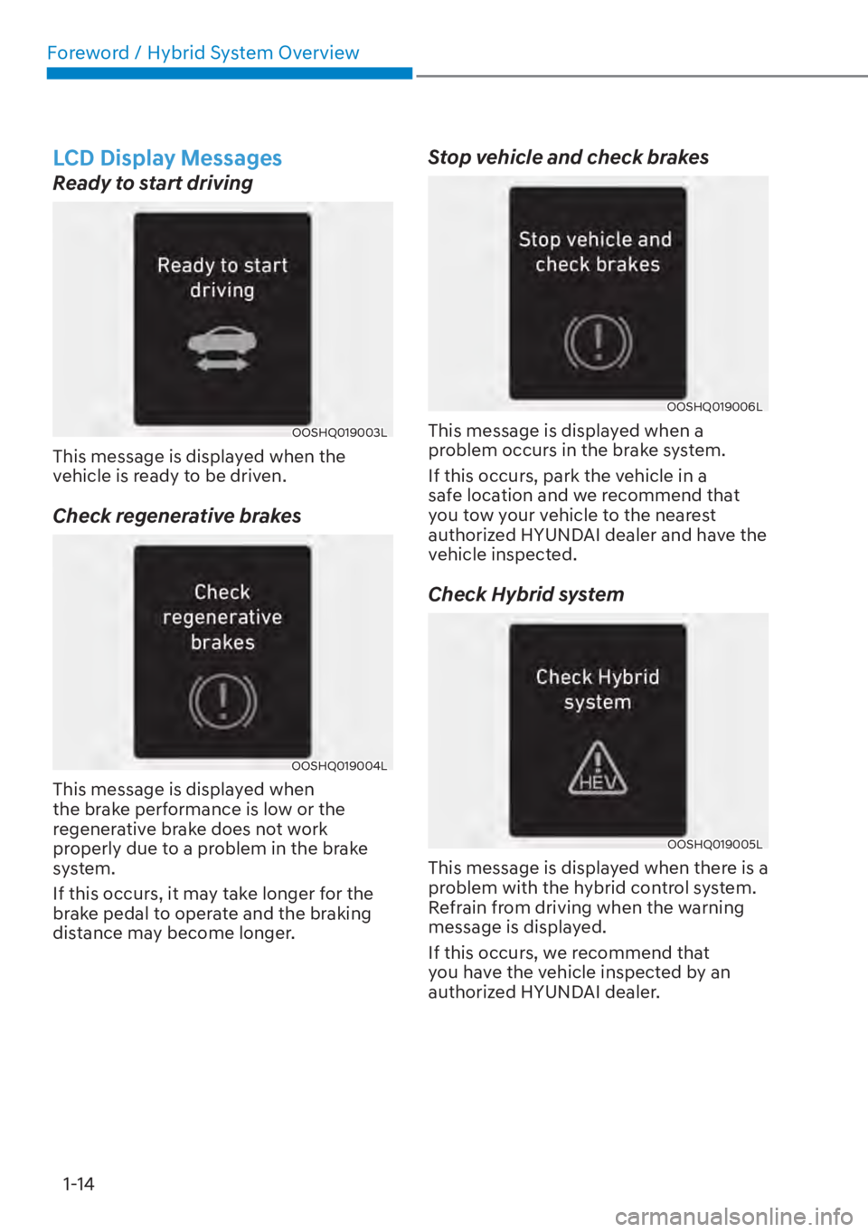 HYUNDAI ELANTRA HYBRID 2023 User Guide Foreword / Hybrid System Overview1-14
LCD Display Messages
Ready to start driving
OOSHQ019003L
This message is displayed when the 
vehicle is ready to be driven.
Check regenerative brakes
OOSHQ019004L