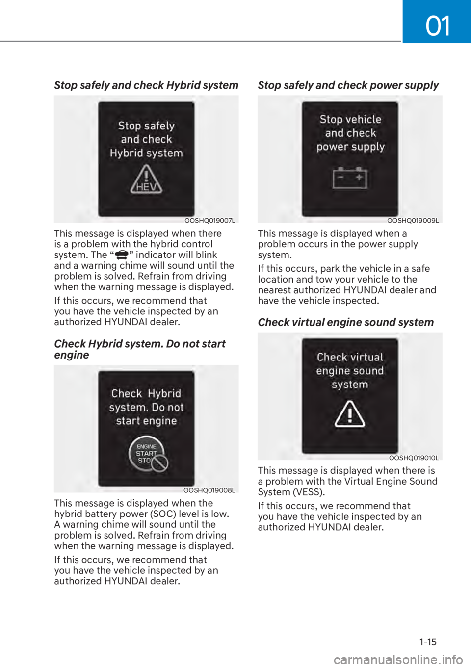HYUNDAI ELANTRA HYBRID 2023 User Guide 01
1-15
Stop safely and check Hybrid system
OOSHQ019007L
This message is displayed when there 
is a problem with the hybrid control 
system. The “
” indicator will blink 
and a warning chime will 