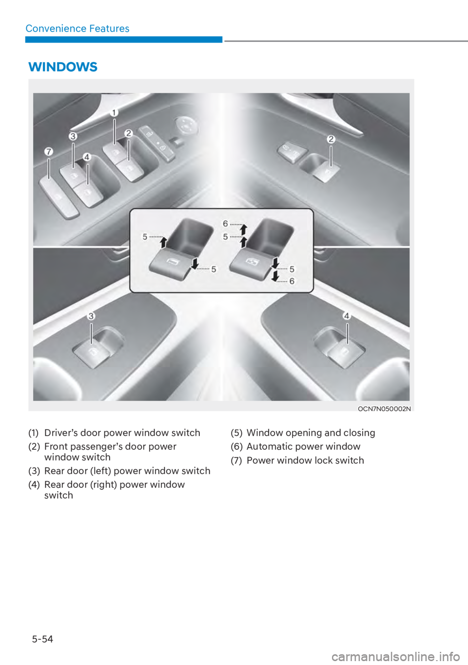 HYUNDAI ELANTRA HYBRID 2023 Owners Manual 5-54
Convenience Features
(1) Driver’s door power window switch
(2) Front passenger’s door power
window switch
(3) Rear door (left) power window switch
(4) Rear door (right) power window swi HYUNDAI ELANTRA HYBRID 2023 Owners Manual 5-54
Convenience Features
(1) Driver’s door power window switch
(2) Front passenger’s door power
window switch
(3) Rear door (left) power window switch
(4) Rear door (right) power window swi