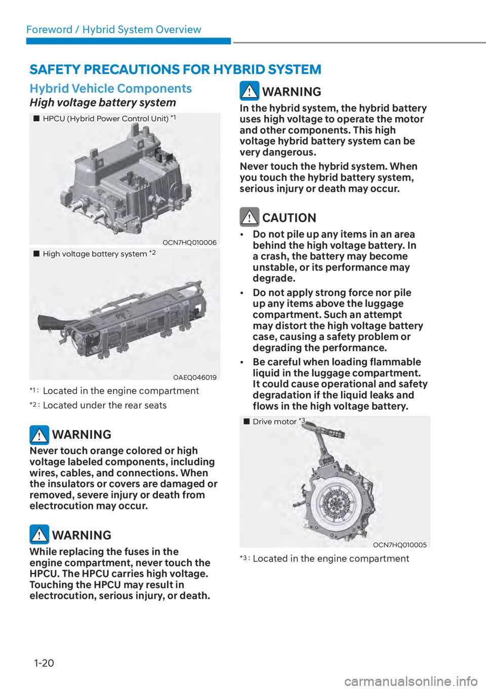 HYUNDAI ELANTRA HYBRID 2023 Owners Manual Foreword / Hybrid System Overview1-20
SAFETY PRECAUTIONS FOR HYBRID SYSTEM
Hybrid Vehicle Components
High voltage battery system
��„HPCU (Hybrid Power Control Unit) *1
OCN7HQ010006
��„High volta