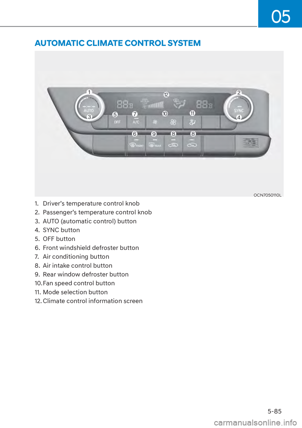 HYUNDAI ELANTRA HYBRID 2023  Owners Manual 05
5-85
�$�8�7�2�0�$�7�,�&��&�/�,�0�$�7�(��&�2�1�7�5�2�/��6�<�6�7�(�0
OCN7050110L
1.  Driver’s temperature control knob 
2.  Passenger’s temperature control knob 
3.  AUTO (automatic control) b