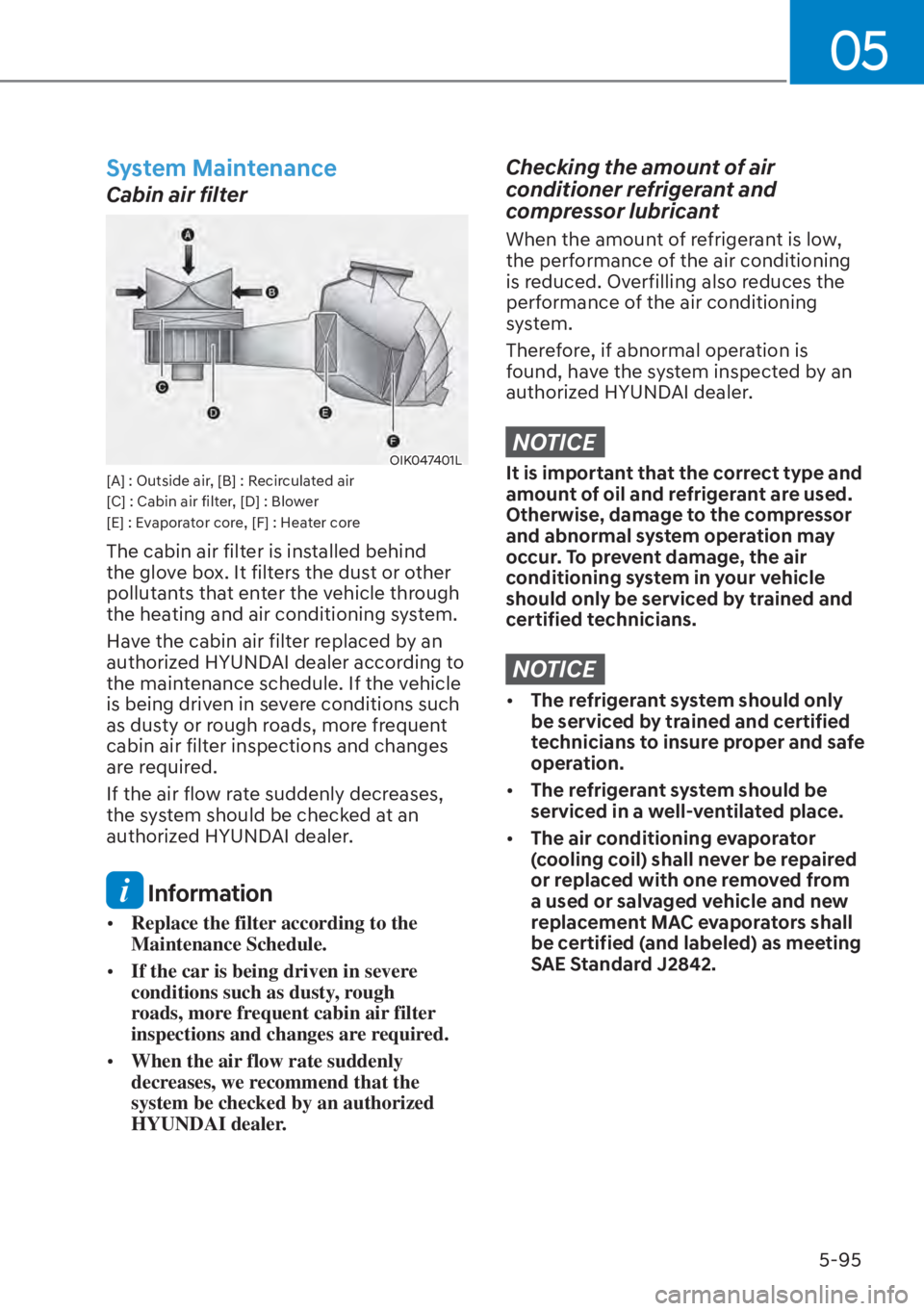 HYUNDAI ELANTRA HYBRID 2023  Owners Manual 05
5-95
System Maintenance
Cabin air filter
OIK047401L[A] : Outside air, [B] : Recirculated air
[C] : Cabin air filter, [D] : Blower
[E] : Evaporator core, [F] : Heater core
The cabin air filter is in