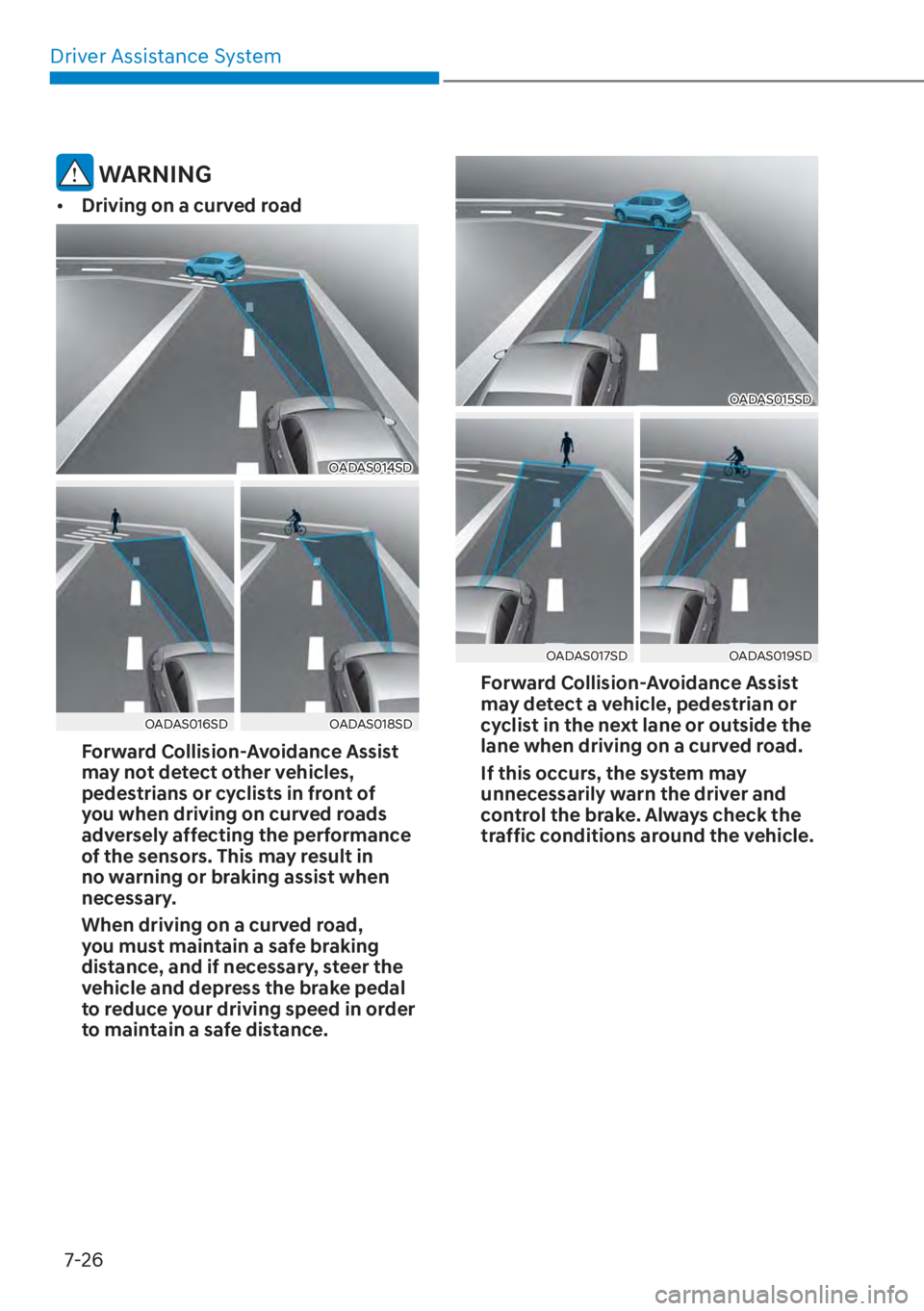 HYUNDAI ELANTRA HYBRID 2023  Owners Manual Driver Assistance System7-26
 WARNING
[� Driving on a curved road
OADAS014SD
OADAS016SDOADAS018SD
Forward Collision-Avoidance Assist 
may not detect other vehicles, 
pedestrians or cyclists in front