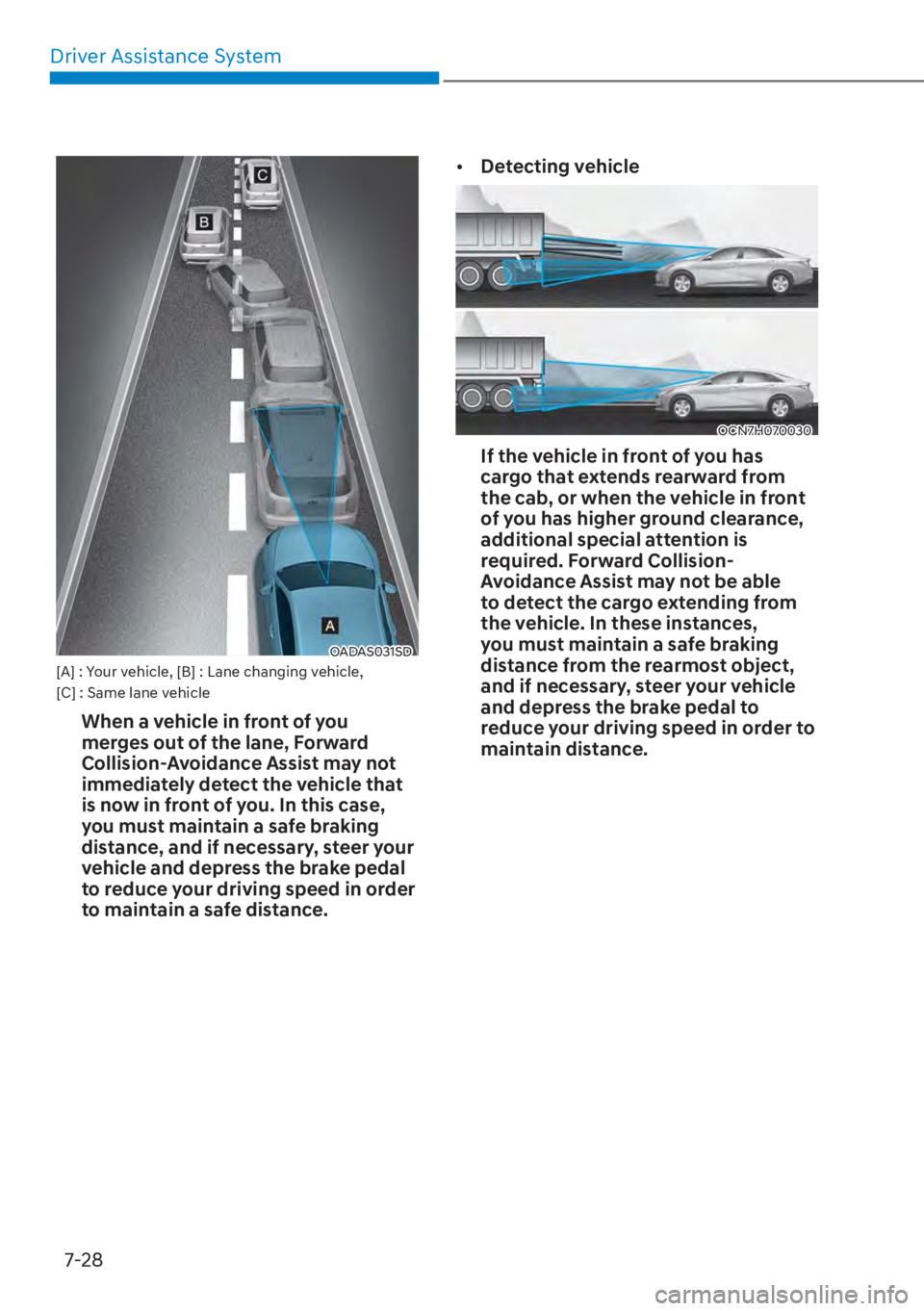 HYUNDAI ELANTRA HYBRID 2023  Owners Manual Driver Assistance System7-28
OADAS031SD[A] : Your vehicle, [B] : Lane changing vehicle, 
[C] : Same lane vehicle
When a vehicle in front of you 
merges out of the lane, Forward 
Collision-Avoidance As