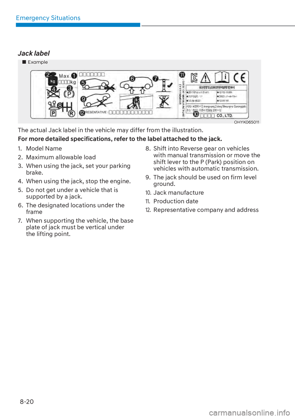 HYUNDAI ELANTRA HYBRID 2023  Owners Manual Emergency Situations8-20
Jack label
��„Example
OHYK065011
The actual Jack label in the vehicle may differ from the illustration.
For more detailed specifications, refer to the label attached to the