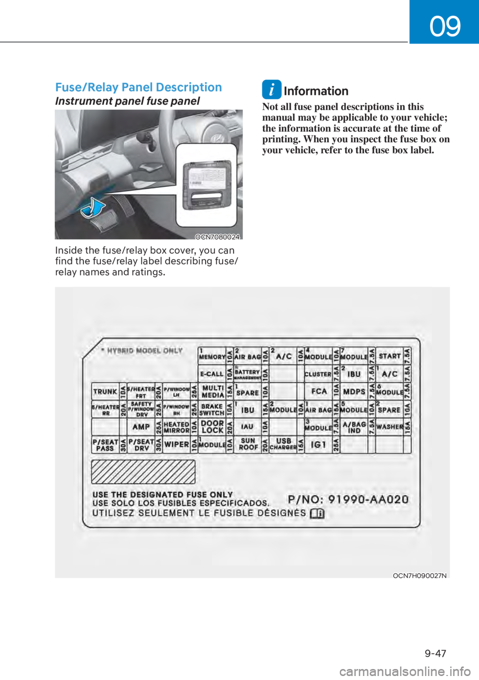 HYUNDAI ELANTRA HYBRID 2023  Owners Manual 09
9-47
OCN7H090027N
Fuse/Relay Panel Description
Instrument panel fuse panel
OCN7080024
Inside the fuse/relay box cover, you can 
find the fuse/relay label describing fuse/
relay names and ratings.
 