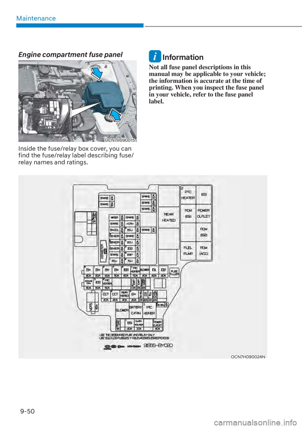 HYUNDAI ELANTRA HYBRID 2023  Owners Manual Maintenance9-50
OCN7H090024N
Engine compartment fuse panel
OCN7H090015
Inside the fuse/relay box cover, you can 
find the fuse/relay label describing fuse/
relay names and ratings.
 Information
Not al