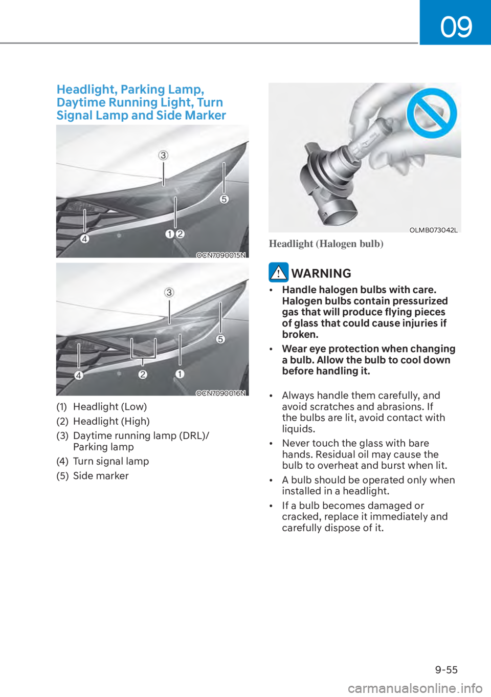 HYUNDAI ELANTRA HYBRID 2023  Owners Manual 09
9-55
Headlight, Parking Lamp, 
Daytime Running Light, Turn 
Signal Lamp and Side Marker
OCN7090015N
OCN7090016N
(1) Headlight (Low)
(2) Headlight (High)
(3)  Daytime running lamp (DRL)/ Parking lam