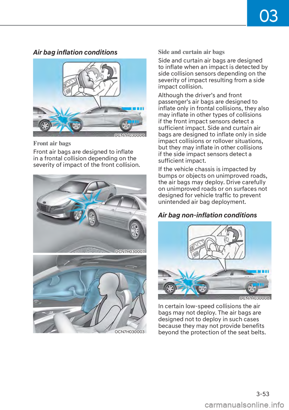 HYUNDAI ELANTRA HYBRID 2023  Owners Manual 03
3-53
Air bag inflation conditions
OCN7H030006
Front air bags
Front air bags are designed to inflate 
in a fr
ontal collision depending on the 
severity of impact of the front collision.
OCN7H030007