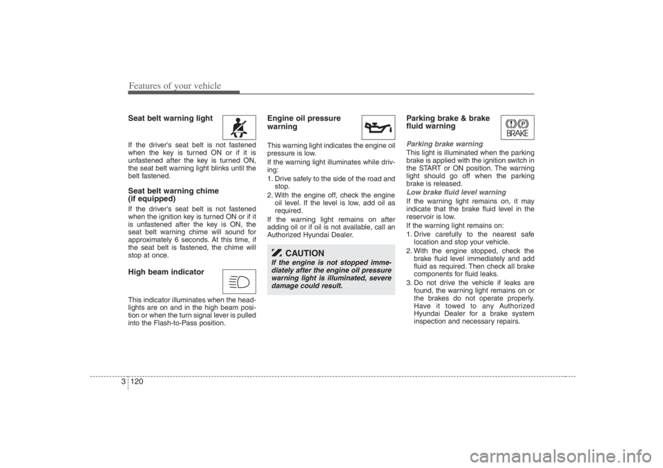 HYUNDAI ENTOURAGE 2007 Owners Manual Features of your vehicle120 3Seat belt warning light If the drivers seat belt is not fastened
when the key is turned ON or if it is
unfastened after the key is turned ON,
the seat belt warning light HYUNDAI ENTOURAGE 2007 Owners Manual Features of your vehicle120 3Seat belt warning light If the drivers seat belt is not fastened
when the key is turned ON or if it is
unfastened after the key is turned ON,
the seat belt warning light