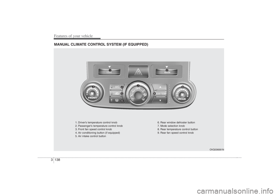 HYUNDAI ENTOURAGE 2007 Owners Manual Features of your vehicle138 3MANUAL CLIMATE CONTROL SYSTEM (IF EQUIPPED)
OVQ036061N
1. Driver’s temperature control knob
2. Passenger’s temperature control knob
3. Front fan speed control knob
4. HYUNDAI ENTOURAGE 2007 Owners Manual Features of your vehicle138 3MANUAL CLIMATE CONTROL SYSTEM (IF EQUIPPED)
OVQ036061N
1. Driver’s temperature control knob
2. Passenger’s temperature control knob
3. Front fan speed control knob
4.