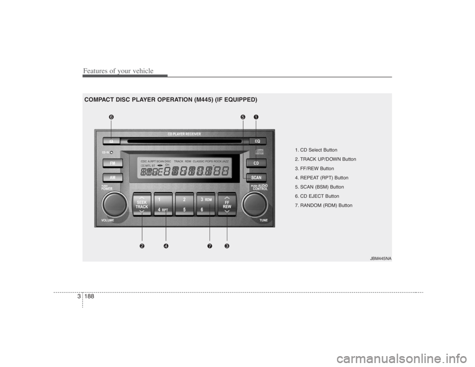 HYUNDAI ENTOURAGE 2007 Owners Manual Features of your vehicle188 3
1. CD Select Button
2. TRACK UP/DOWN Button
3. FF/REW Button
4. REPEAT (RPT) Button
5. SCAN (BSM) Button
6. CD EJECT Button
7. RANDOM (RDM) Button
JBM445NA
COMPACT DISC HYUNDAI ENTOURAGE 2007 Owners Manual Features of your vehicle188 3
1. CD Select Button
2. TRACK UP/DOWN Button
3. FF/REW Button
4. REPEAT (RPT) Button
5. SCAN (BSM) Button
6. CD EJECT Button
7. RANDOM (RDM) Button
JBM445NA
COMPACT DISC