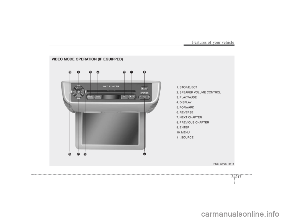 HYUNDAI ENTOURAGE 2007 Owners Manual 3217
Features of your vehicle
VIDEO MODE OPERATION (IF EQUIPPED)
1. STOP/EJECT
2. SPEAKER VOLUME CONTROL
3. PLAY/PAUSE
4. DISPLAY
5. FORWARD
6. REVERSE
7. NEXT CHAPTER
8. PREVIOUS CHAPTER
9. ENTER
10. HYUNDAI ENTOURAGE 2007 Owners Manual 3217
Features of your vehicle
VIDEO MODE OPERATION (IF EQUIPPED)
1. STOP/EJECT
2. SPEAKER VOLUME CONTROL
3. PLAY/PAUSE
4. DISPLAY
5. FORWARD
6. REVERSE
7. NEXT CHAPTER
8. PREVIOUS CHAPTER
9. ENTER
10.