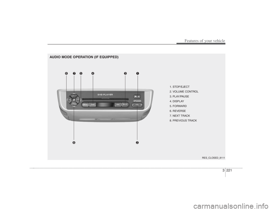 HYUNDAI ENTOURAGE 2007 Owners Manual 3221
Features of your vehicle
AUDIO MODE OPERATION (IF EQUIPPED)
1. STOP/EJECT
2. VOLUME CONTROL
3. PLAY/PAUSE
4. DISPLAY
5. FORWARD
6. REVERSE
7. NEXT TRACK
8. PREVIOUS TRACK
RES_CLOSED_8111 HYUNDAI ENTOURAGE 2007 Owners Manual 3221
Features of your vehicle
AUDIO MODE OPERATION (IF EQUIPPED)
1. STOP/EJECT
2. VOLUME CONTROL
3. PLAY/PAUSE
4. DISPLAY
5. FORWARD
6. REVERSE
7. NEXT TRACK
8. PREVIOUS TRACK
RES_CLOSED_8111