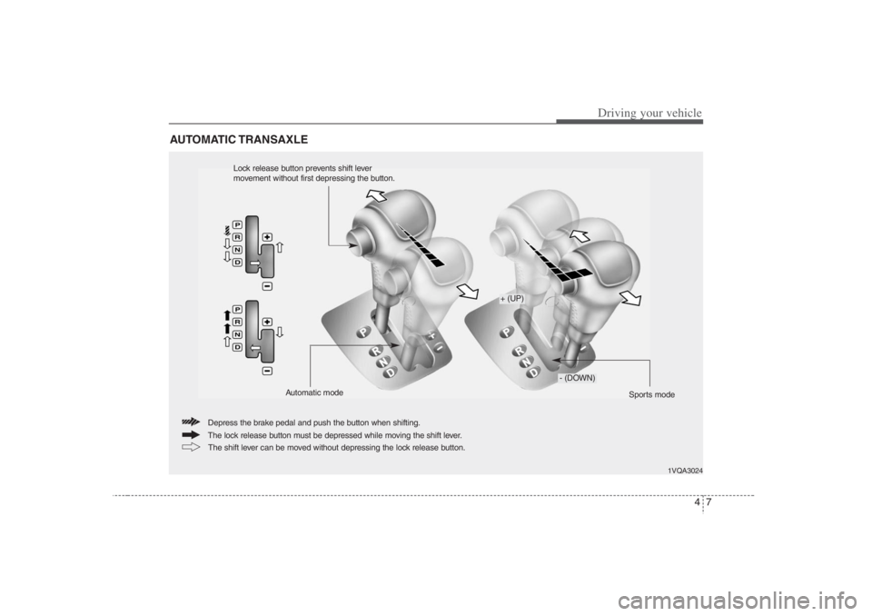 HYUNDAI ENTOURAGE 2007 Owners Manual 47
Driving your vehicle
AUTOMATIC TRANSAXLE
1VQA3024
The lock release button must be depressed while moving the shift lever. Depress the brake pedal and push the button when shifting.
The shift lever HYUNDAI ENTOURAGE 2007 Owners Manual 47
Driving your vehicle
AUTOMATIC TRANSAXLE
1VQA3024
The lock release button must be depressed while moving the shift lever. Depress the brake pedal and push the button when shifting.
The shift lever