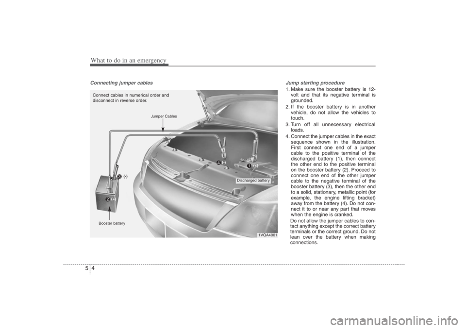 HYUNDAI ENTOURAGE 2007 Owners Manual What to do in an emergency4 5Connecting jumper cables Jump starting procedure
1. Make sure the booster battery is 12-
volt and that its negative terminal is
grounded.
2. If the booster battery is HYUNDAI ENTOURAGE 2007 Owners Manual What to do in an emergency4 5Connecting jumper cables Jump starting procedure
1. Make sure the booster battery is 12-
volt and that its negative terminal is
grounded.
2. If the booster battery is