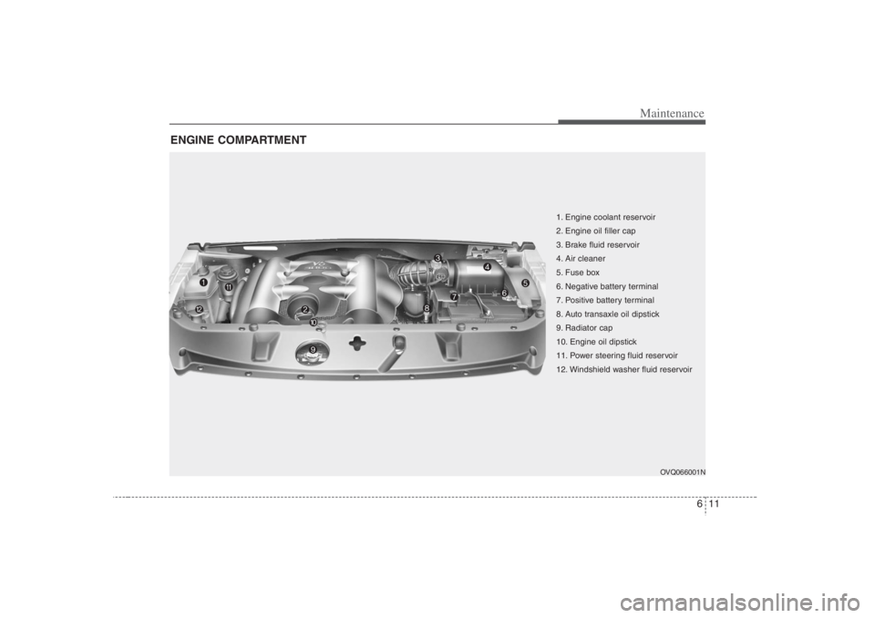 HYUNDAI ENTOURAGE 2007 Owners Manual 611
Maintenance
ENGINE COMPARTMENT
OVQ066001N
1. Engine coolant reservoir
2. Engine oil filler cap
3. Brake fluid reservoir
4. Air cleaner
5. Fuse box
6. Negative battery terminal
7. Positive battery HYUNDAI ENTOURAGE 2007 Owners Manual 611
Maintenance
ENGINE COMPARTMENT
OVQ066001N
1. Engine coolant reservoir
2. Engine oil filler cap
3. Brake fluid reservoir
4. Air cleaner
5. Fuse box
6. Negative battery terminal
7. Positive battery