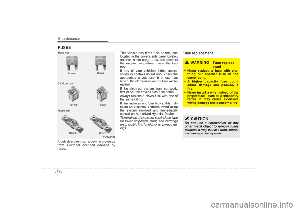HYUNDAI ENTOURAGE 2007 Owners Manual Maintenance26 6FUSESA vehicle’s electrical system is protected
from electrical overload damage by
fuses.This vehicle has three fuse panels, one
located in the driver’s side panel bolster,
another HYUNDAI ENTOURAGE 2007 Owners Manual Maintenance26 6FUSESA vehicle’s electrical system is protected
from electrical overload damage by
fuses.This vehicle has three fuse panels, one
located in the driver’s side panel bolster,
another