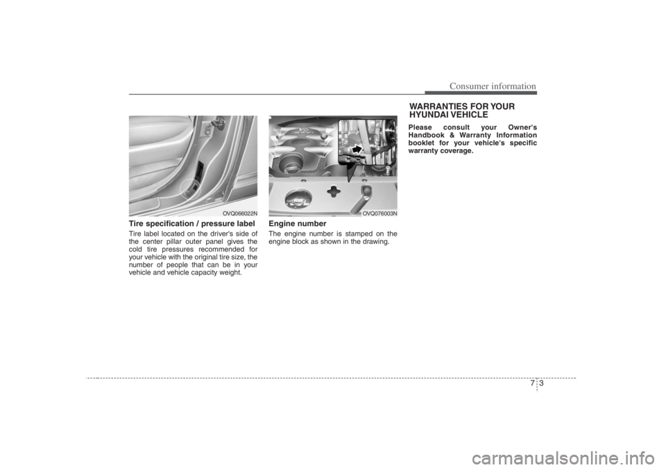 HYUNDAI ENTOURAGE 2007  Owners Manual 73
Consumer information
Tire specification / pressure labelTire label located on the drivers side of
the center pillar outer panel gives the
cold tire pressures recommended for
your vehicle with the 