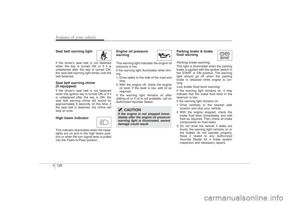 HYUNDAI ENTOURAGE 2008  Owners Manual Features of your vehicle120 3Seat belt warning light If the drivers seat belt is not fastened
when the key is turned ON or if it is
unfastened after the key is turned ON,
the seat belt warning light 