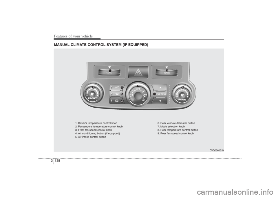 HYUNDAI ENTOURAGE 2008 Owners Manual Features of your vehicle138 3MANUAL CLIMATE CONTROL SYSTEM (IF EQUIPPED)
OVQ036061N
1. Driver’s temperature control knob
2. Passenger’s temperature control knob
3. Front fan speed control knob
4. HYUNDAI ENTOURAGE 2008 Owners Manual Features of your vehicle138 3MANUAL CLIMATE CONTROL SYSTEM (IF EQUIPPED)
OVQ036061N
1. Driver’s temperature control knob
2. Passenger’s temperature control knob
3. Front fan speed control knob
4.