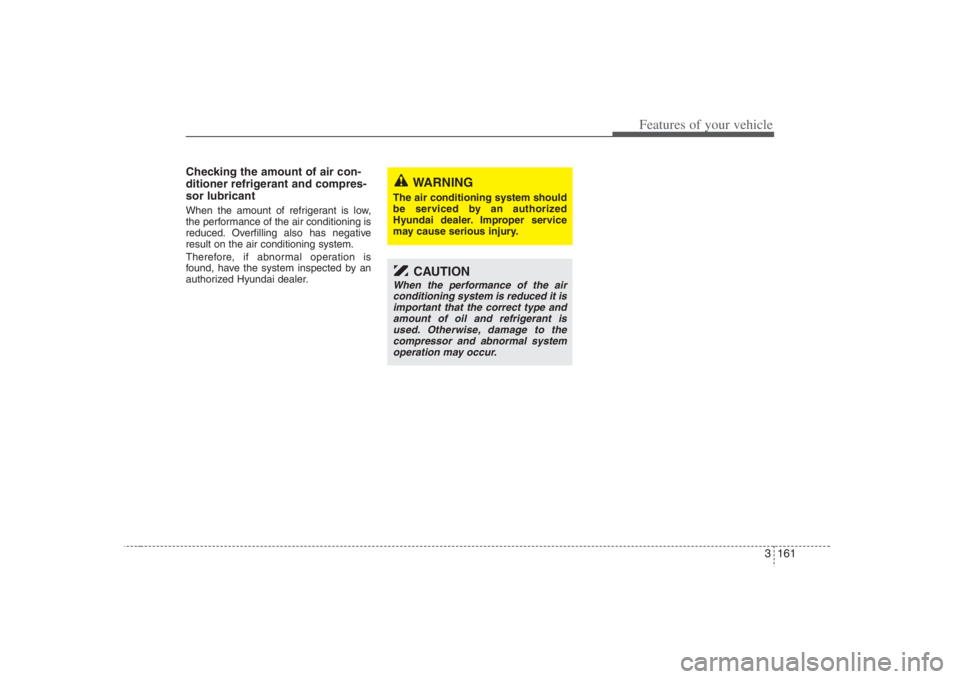 HYUNDAI ENTOURAGE 2008  Owners Manual 3 161
Features of your vehicle
Checking the amount of air con-
ditioner refrigerant and compres-
sor lubricantWhen the amount of refrigerant is low,
the performance of the air conditioning is
reduced.