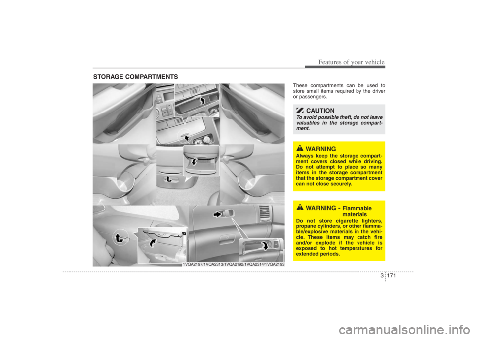 HYUNDAI ENTOURAGE 2008  Owners Manual 3 171
Features of your vehicle
These compartments can be used to
store small items required by the driver
or passengers.
STORAGE COMPARTMENTS 
WARNING
- Flammable
materials
Do not store cigarette ligh