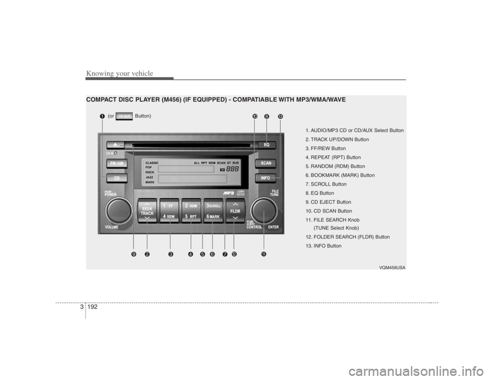 HYUNDAI ENTOURAGE 2008 Owners Manual Knowing your vehicle192 3
1. AUDIO/MP3 CD or CD/AUX Select Button
2. TRACK UP/DOWN Button
3. FF/REW Button
4. REPEAT (RPT) Button
5. RANDOM (RDM) Button
6. BOOKMARK (MARK) Button
7. SCROLL Button
8. E HYUNDAI ENTOURAGE 2008 Owners Manual Knowing your vehicle192 3
1. AUDIO/MP3 CD or CD/AUX Select Button
2. TRACK UP/DOWN Button
3. FF/REW Button
4. REPEAT (RPT) Button
5. RANDOM (RDM) Button
6. BOOKMARK (MARK) Button
7. SCROLL Button
8. E