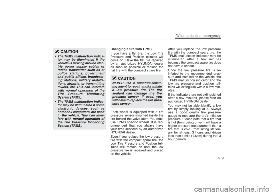 HYUNDAI ENTOURAGE 2008  Owners Manual 59
What to do in an emergency
Changing a tire with TPMS
If you have a flat tire, the Low Tire
Pressure and Position telltales will
come on. Have the flat tire repaired
by an authorized HYUNDAI dealer
