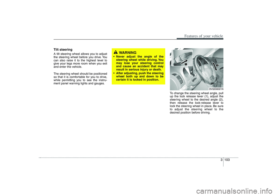 HYUNDAI ENTOURAGE 2009  Owners Manual 3 103
Features of your vehicle
Tilt steering A tilt steering wheel allows you to adjust
the steering wheel before you drive. You
can also raise it to the highest level to
give your legs more room when