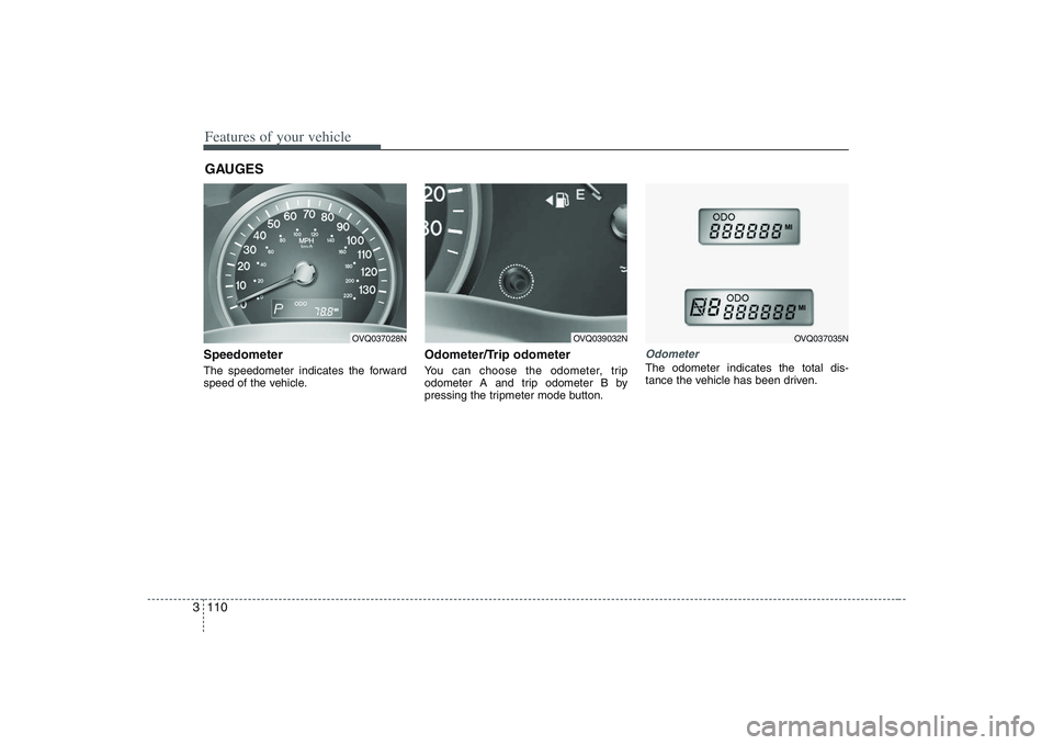 HYUNDAI ENTOURAGE 2009  Owners Manual Features of your vehicle110 3Speedometer  The speedometer indicates the forward
speed of the vehicle.
Odometer/Trip odometerYou can choose the odometer, trip
odometer A and trip odometer B by
pressing