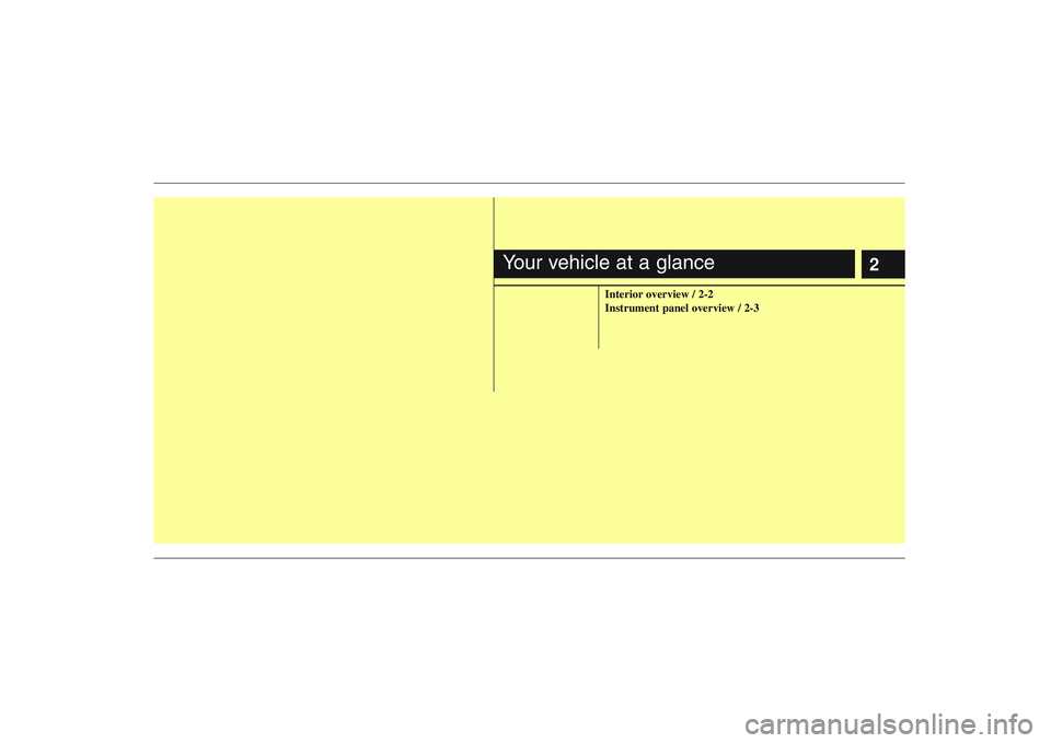 HYUNDAI ENTOURAGE 2009 User Guide 2
Interior overview / 2-2
Instrument panel overview / 2-3
Your vehicle at a glance 