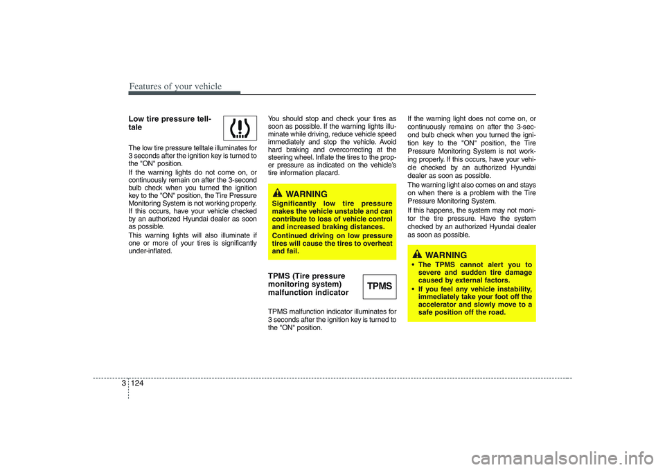 HYUNDAI ENTOURAGE 2009  Owners Manual Features of your vehicle124 3Low tire pressure tell-
taleThe low tire pressure telltale illuminates for
3 seconds after the ignition key is turned to
the "ON" position.
If the warning lights do not co