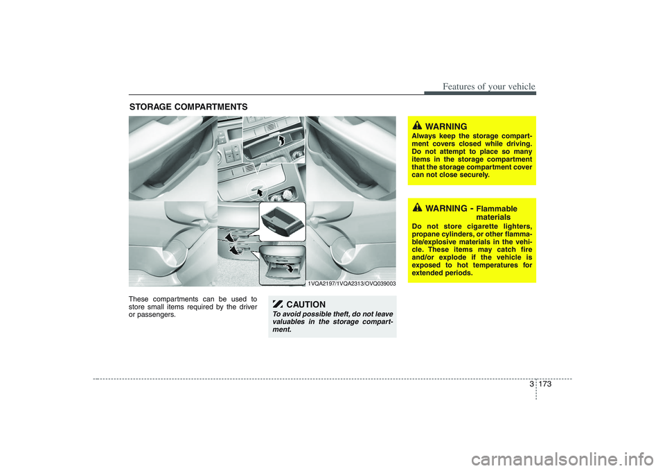 HYUNDAI ENTOURAGE 2009  Owners Manual 3 173
Features of your vehicle
These compartments can be used to
store small items required by the driver
or passengers.STORAGE COMPARTMENTS 
WARNING
- Flammable
materials
Do not store cigarette light