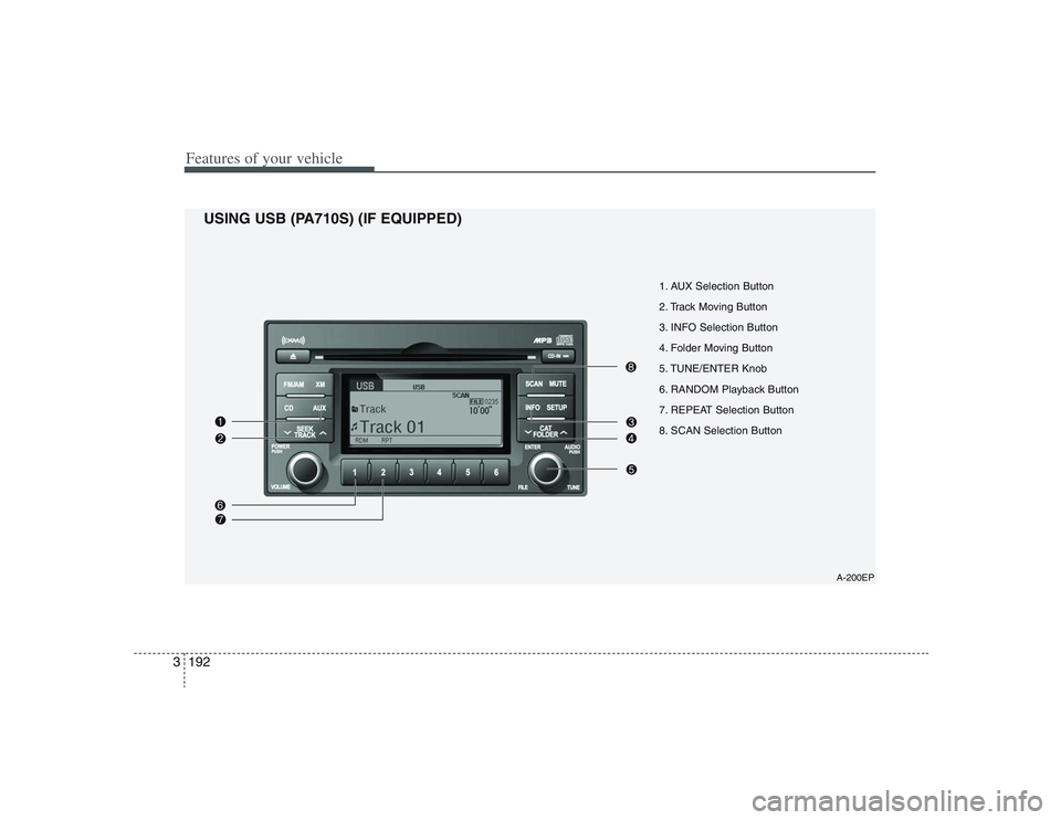 HYUNDAI ENTOURAGE 2009  Owners Manual Features of your vehicle192 3
1. AUX Selection Button
2. Track Moving Button
3. INFO Selection Button
4. Folder Moving Button
5. TUNE/ENTER Knob
6. RANDOM Playback Button
7. REPEAT Selection Button
8.
