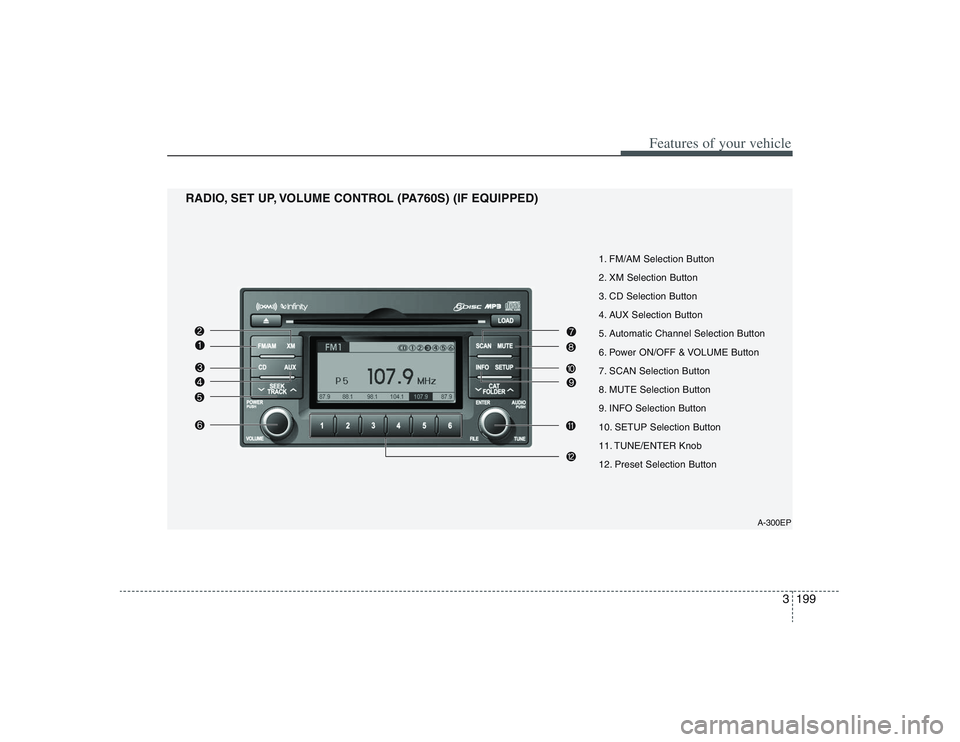HYUNDAI ENTOURAGE 2009 Owners Manual 3199
Features of your vehicle
A-300EP
1. FM/AM Selection Button
2. XM Selection Button
3. CD Selection Button
4. AUX Selection Button
5. Automatic Channel Selection Button
6. Power ON/OFF & VOLUME But HYUNDAI ENTOURAGE 2009 Owners Manual 3199
Features of your vehicle
A-300EP
1. FM/AM Selection Button
2. XM Selection Button
3. CD Selection Button
4. AUX Selection Button
5. Automatic Channel Selection Button
6. Power ON/OFF & VOLUME But