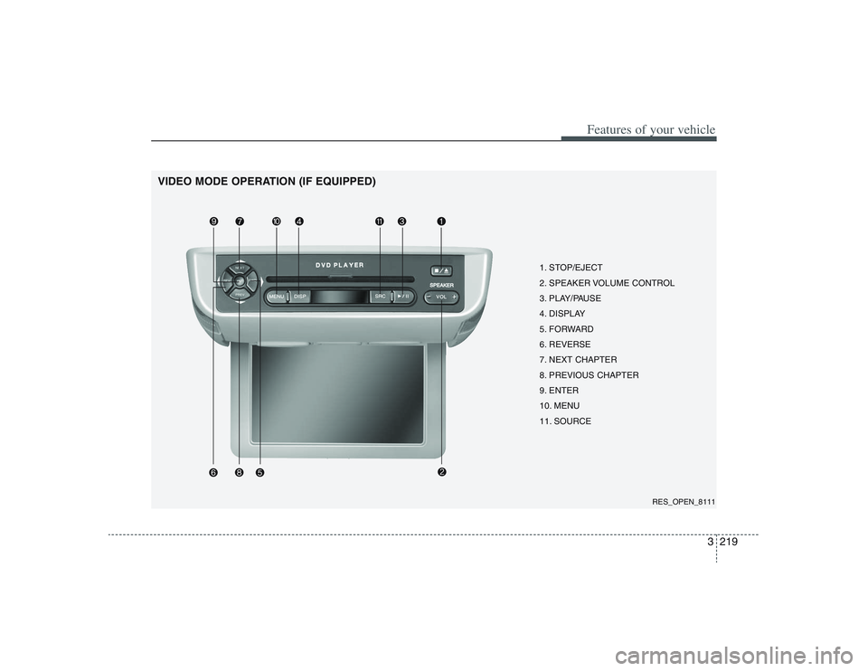 HYUNDAI ENTOURAGE 2009  Owners Manual 3219
Features of your vehicle
VIDEO MODE OPERATION (IF EQUIPPED)
1. STOP/EJECT
2. SPEAKER VOLUME CONTROL
3. PLAY/PAUSE
4. DISPLAY
5. FORWARD
6. REVERSE
7. NEXT CHAPTER
8. PREVIOUS CHAPTER
9. ENTER
10.