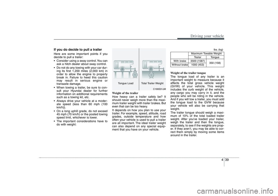 HYUNDAI ENTOURAGE 2009  Owners Manual 439
Driving your vehicle
If you do decide to pull a trailerHere are some important points if you
decide to pull a trailer:
 Consider using a sway control. You can
ask a hitch dealer about sway control