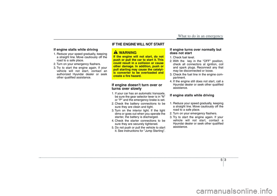 HYUNDAI ENTOURAGE 2009  Owners Manual 53
What to do in an emergency
If engine stalls while driving1. Reduce your speed gradually, keeping
a straight line. Move cautiously off the
road to a safe place.
2. Turn on your emergency flashers.
3